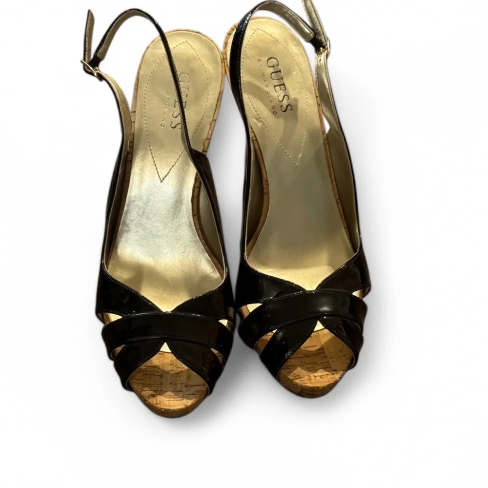 GUESS by Marciano Black Patent Cork Slingback Heels Size: 7.5